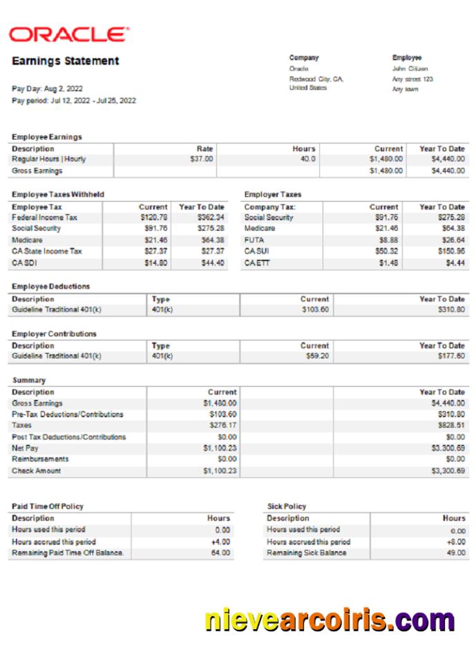 USA Oracle software company pay stub